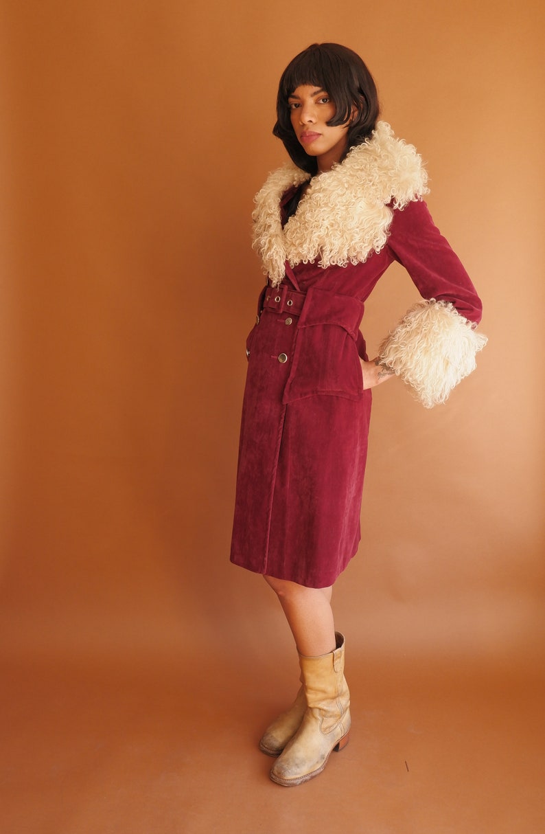 Vintage 70s Mongolian Lamb Fur Trim Coat/ 1970s Penny Lane Belted Jacket/ Size Medium image 3