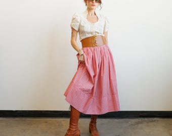 Vintage 80s Red and White Cotton Striped Full Skirt with Pockets/ Size Medium 28
