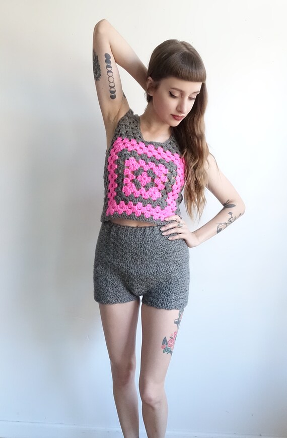 Vintage 70s Crochet Two Piece Set/ Crop and Shorts
