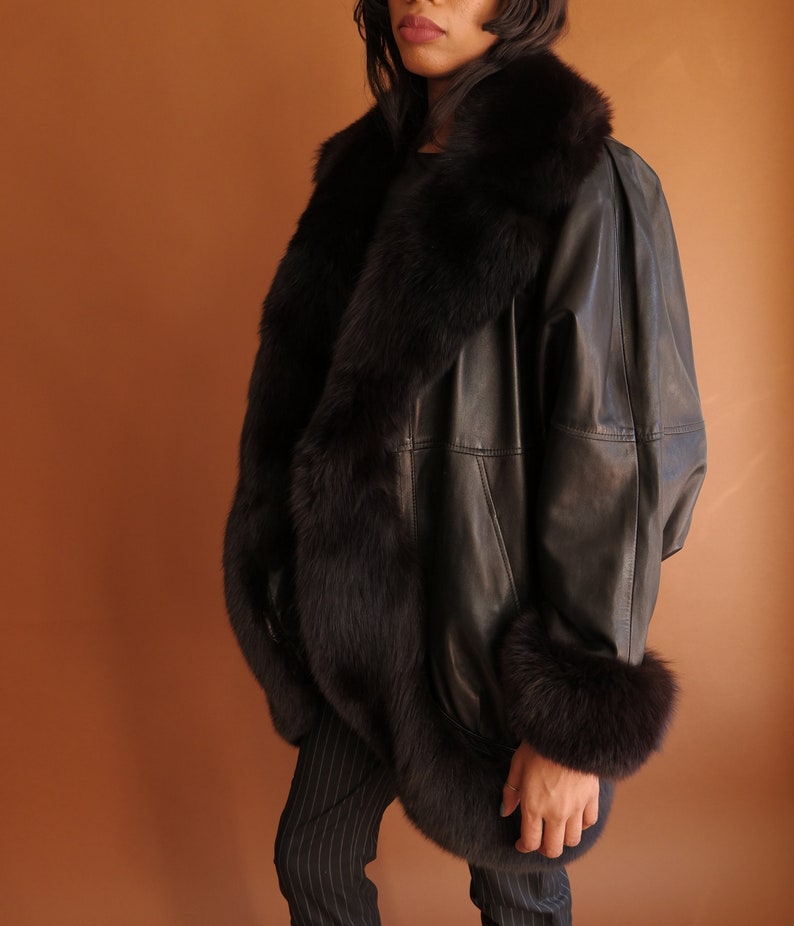 Vintage 80s Jean Claude Jitrois Leather and Fur Cocoon Coat/ Fox Fur Dolman Sleeve image 6