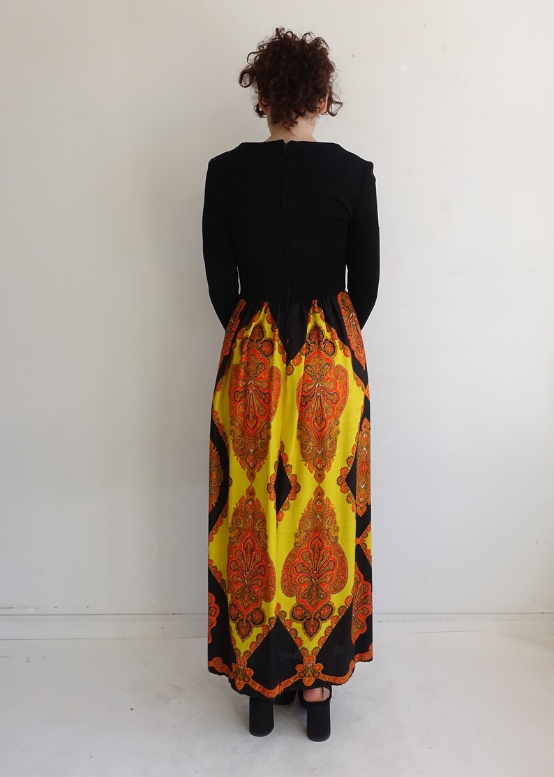 Vintage 60s Corset Waist Psychedelic Print Maxi Dress/ 1960s 1970s Long Sleeve Colorful Dress with Lace Up Waist/ Size Medium image 5
