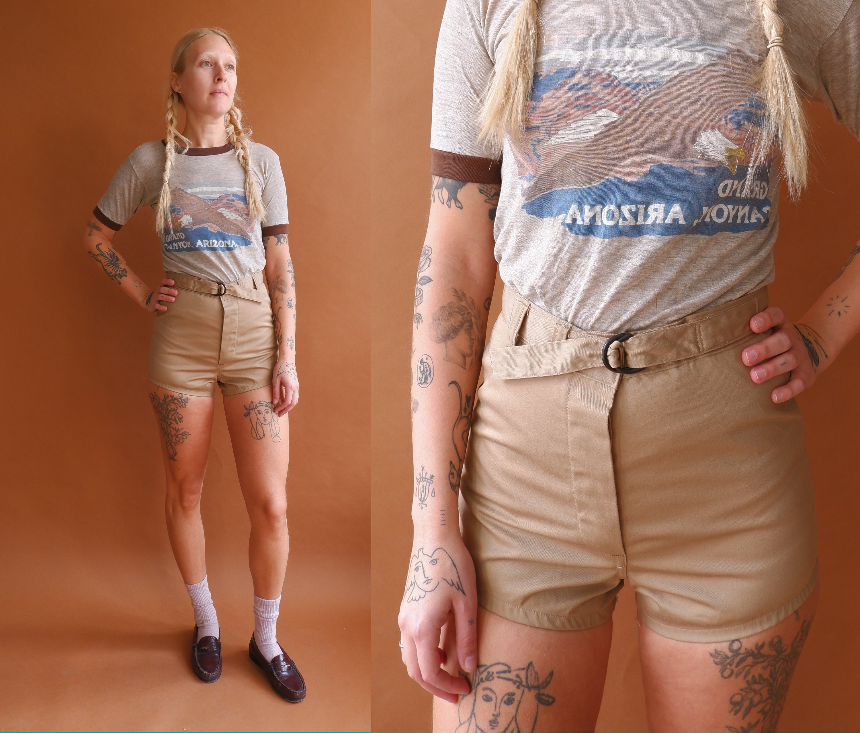 Vintage Army Issue Khaki Shorts/ High Waisted Belted Gym Shorts/Swimmers Trunks/ Size Small 28