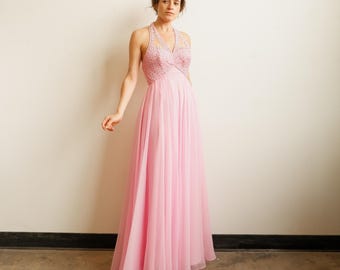 Vintage 70s Bubblegum Pink Sequined Halter Gown/ Size Small