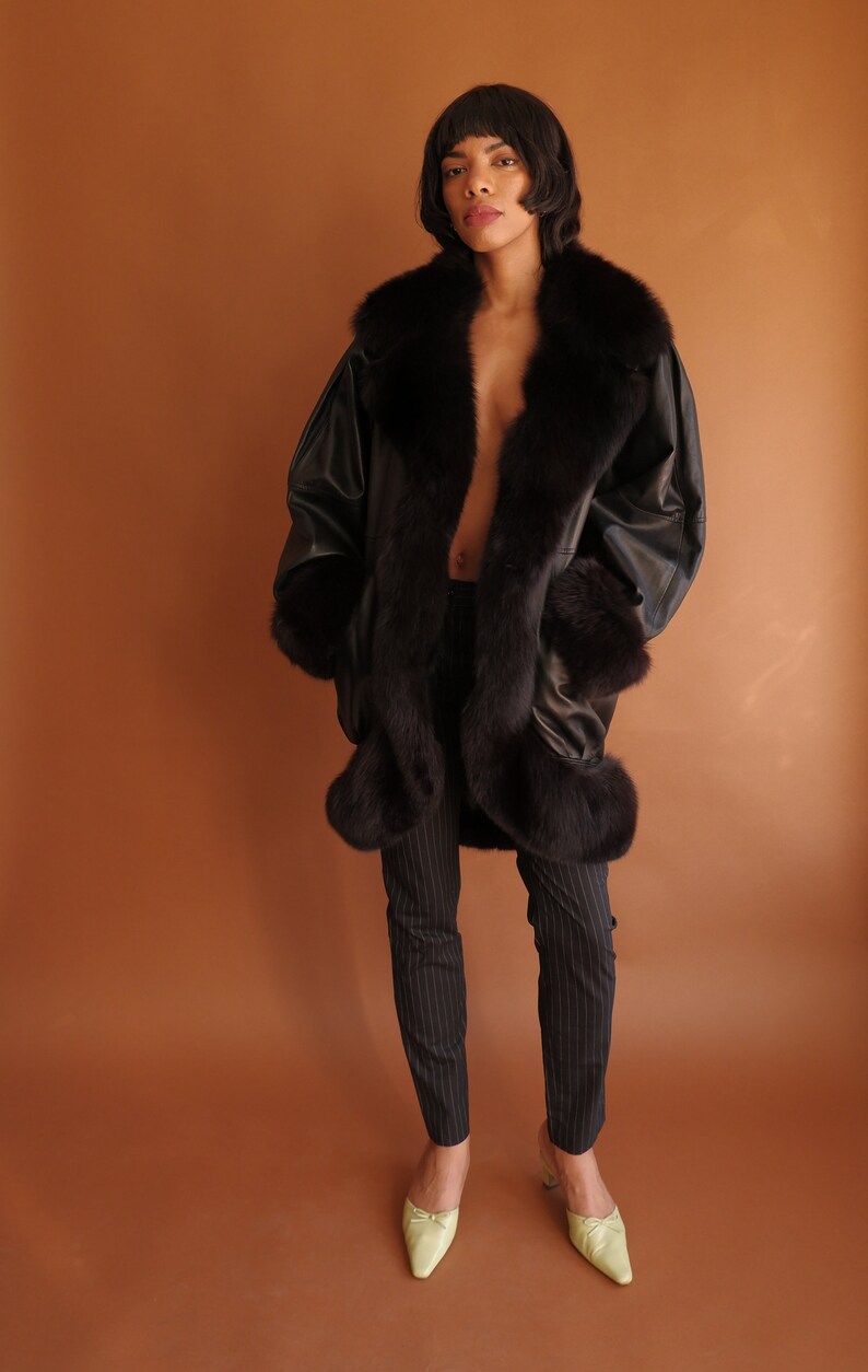 Vintage 80s Jean Claude Jitrois Leather and Fur Cocoon Coat/ Fox Fur Dolman Sleeve image 3