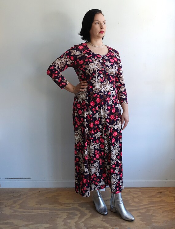 Vintage 70s Psychedelic Maxi Dress/ 1970s Floral L