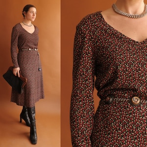 Vintage 70s Jersey Knit Long Sleeve Dress/ 1970s Black Floral/ Size Medium Large
