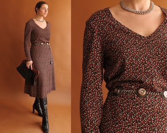 Vintage 70s Jersey Knit Long Sleeve Dress/ 1970s Black Floral/ Size Medium Large