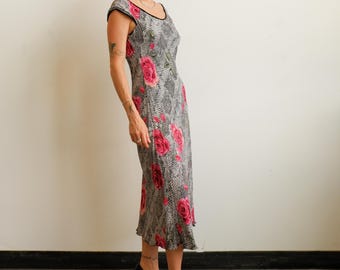 Vintage Rose and Snakeskin Bias Cut Rayon Dress/ Size XL Large