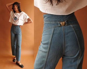 Vintage 70s Back Buckle Heart Wide Leg Denim/ 1970s High Waisted Jeans/ Size 26