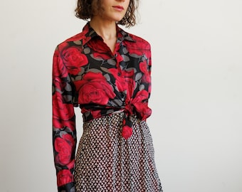 Blusa vintage de seda con estampado de rosas de los años 90 / Talla pequeña