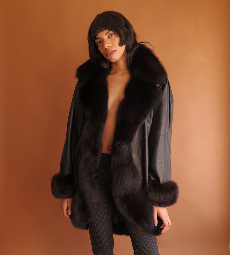 Vintage 80s Jean Claude Jitrois Leather and Fur Cocoon Coat/ Fox Fur Dolman Sleeve image 1