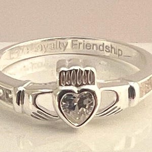 Aries , March April Claddagh Birthstone Ring with synthetic Diamond , white Cz .made from Sterling Silver here in Galway .