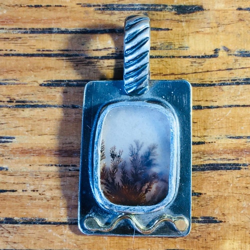 DENDRITIC AGATE Pendant / Oxidized Silver shops Picture Frame w/ 14k Gold Adornment / Great little example looking like a Forest Scene /made usa*