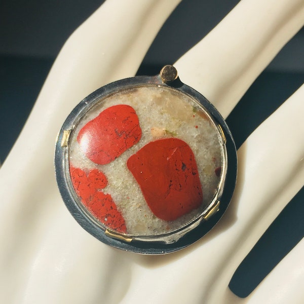 PUDDING Stone Ring / Size 9 1/2 / Oxidized Patterned SILVER w/22 & 14K GOLD Adornments / Red Jasper in Granite / Made in Monterey California