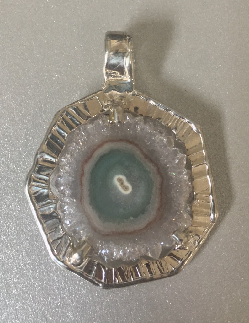 STALAGTITE Slice Of QUARTZ /& Banded Agate Pendant Sterling SILVER Open Frame Lovely Crystal Edge wPale Amethyst Color Either side wear