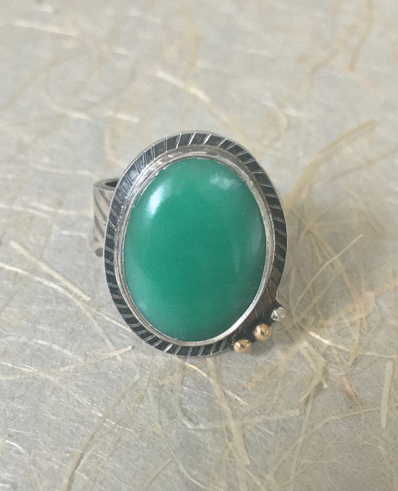 CHRYSOPRASE Ring Size 6 12 Oxidized SILVER Textured /& Patterned w 14k GOLD Bead Adornments Good Green Color Made in California *!*!