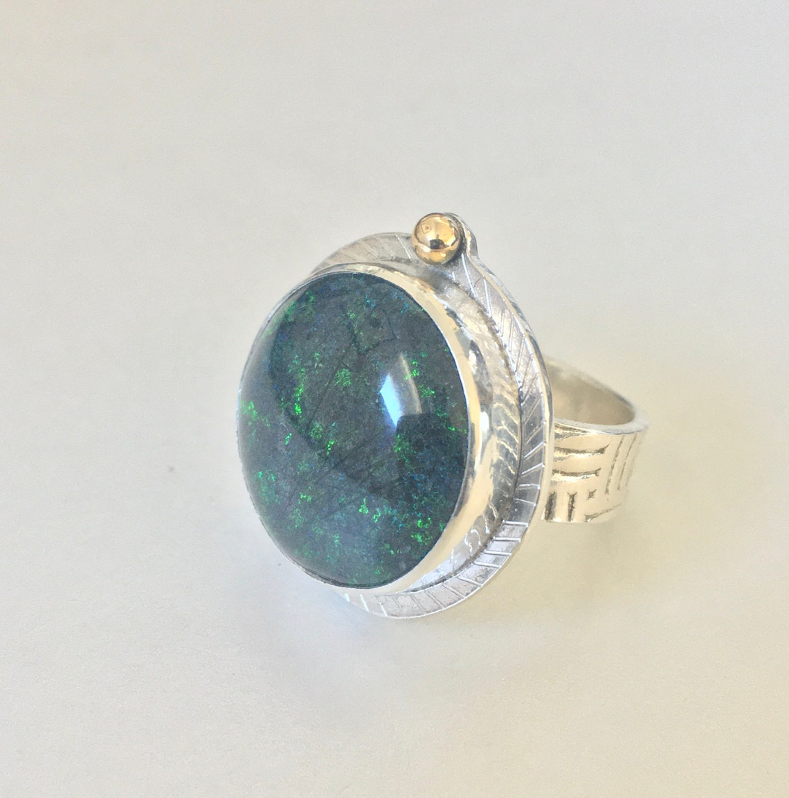 Andamooka OPAL Ring / Size 7 1/4 / Etched & Patterned SILVER W/14k GOLD