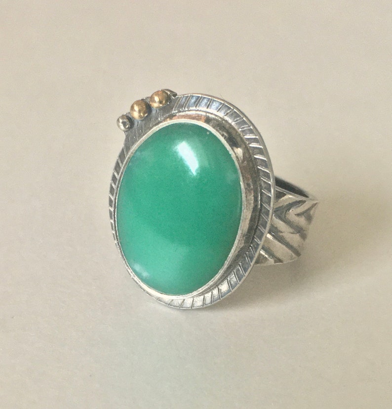 CHRYSOPRASE Ring Size 6 12 Oxidized SILVER Textured /& Patterned w 14k GOLD Bead Adornments Good Green Color Made in California *!*!