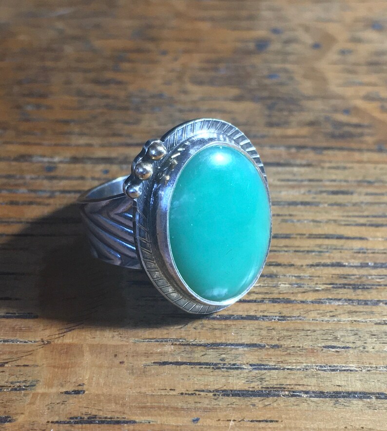 CHRYSOPRASE Ring Size 6 12 Oxidized SILVER Textured /& Patterned w 14k GOLD Bead Adornments Good Green Color Made in California *!*!