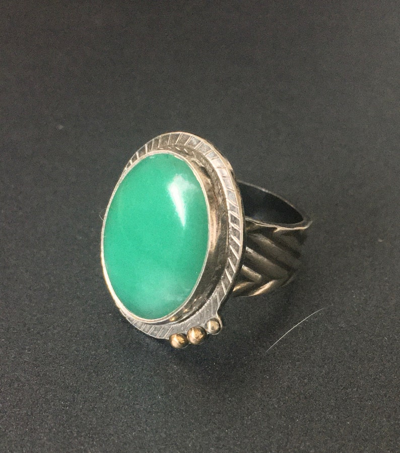 CHRYSOPRASE Ring Size 6 12 Oxidized SILVER Textured /& Patterned w 14k GOLD Bead Adornments Good Green Color Made in California *!*!