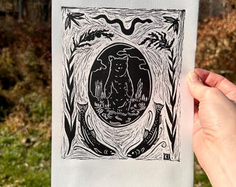 bear, trout, & goldenrod hand pressed art print