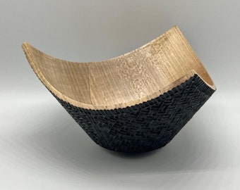 Three Sided Spalted Maple handmade bowl with woodburned basket weave pattern