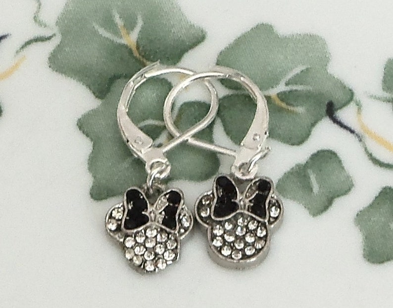 Black Mickey Minnie Mouse 925 Silver Lever back drop Earrings Crystal handmade