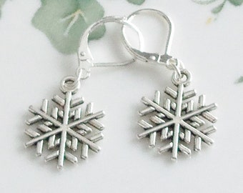 Snowflakes on 925 Sterling Silver Lever back dangle Earrings handmade Winter