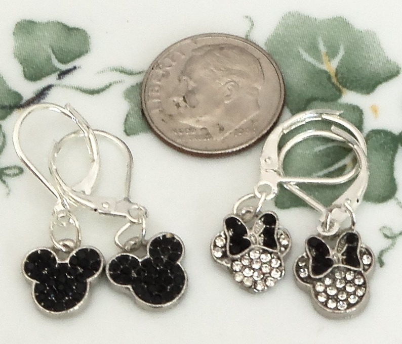 Black Mickey Minnie Mouse 925 Silver Lever back drop Earrings Crystal handmade
