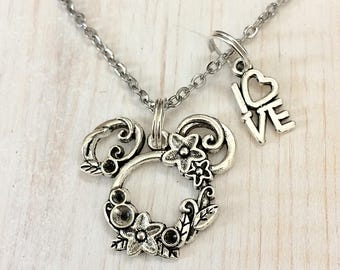 Minnie Mouse Silvery pendant necklace with love charm Disney inspired