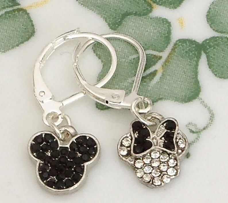 Black Mickey Minnie Mouse 925 Silver Lever back drop Earrings Crystal handmade