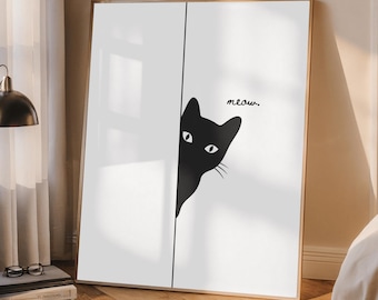 Lámina artística de gato Peekaboo, felino negro minimalista (descarga digital)
