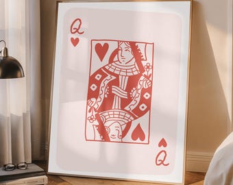 Queen of Hearts Playing Card Poster – Pink Maximalist Wall Art, Preppy Aesthetic Print, Trendy Decor for College Dorms or Stylish Spaces