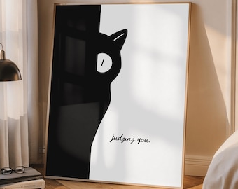 Impresión artística abstracta de gato negro, boceto minimalista de gato (descarga digital)