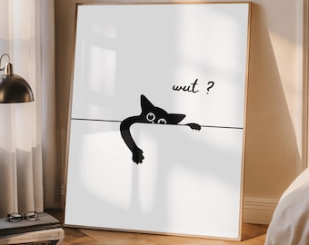 Lámina artística de gato negro divertido, póster minimalista de felino (descarga digital)