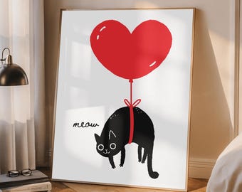 Dibujo de gatito gracioso: Póster de gato maullando, arte mural moderno y peculiar (descarga digital)