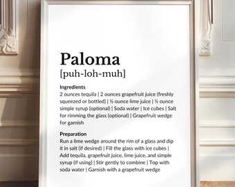 Impresión de la receta del cóctel Paloma: Decoración minimalista para carrito de bar (descarga digital)