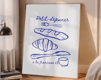 Lámina artística de desayuno francés: Decoración de cocina retro con café y croissant (descarga digital)