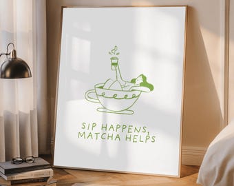 Impresión artística divertida de café y matcha: Decoración de cocina retro (descarga digital)