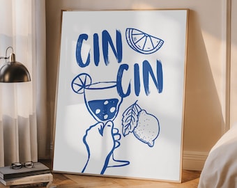Arte mural imprimible "Cheers": Ilustración de cóctel retro Cin Cin, diseño de garabato azul (descarga digital)