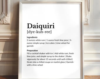 Impresión artística con receta de daiquirí: Decoración minimalista para carrito de bar (descarga digital)