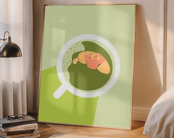 Funny Matcha Cup Poster, Quirky Green Tea Illustration, Playful Bath Wall Art, Matcha Lover Print, Digital Download