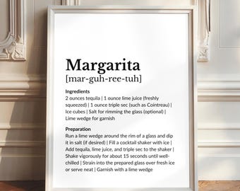 Impresión de receta de margarita: Decoración minimalista para carrito de bar (descarga digital)