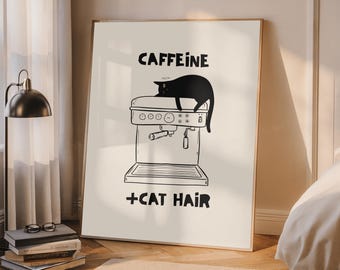 Estampado de cafeína y pelo de gato, divertido arte mural felino con temática de café, póster de máquina de espresso con gatito negro, regalo adorable para amantes de los gatitos, descarga digital.