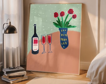 Impresión de acuarela de vino tinto: Arte mural para cocina francesa (descarga digital)