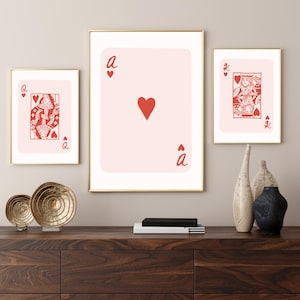 Set di 3 stampe artistiche da parete con carte da gioco Re, Regina, Asso di Cuori, Arte Preppy Digitale, Arte Stampabile, Pacchetto di Poster Retro Trendy di Metà Secolo