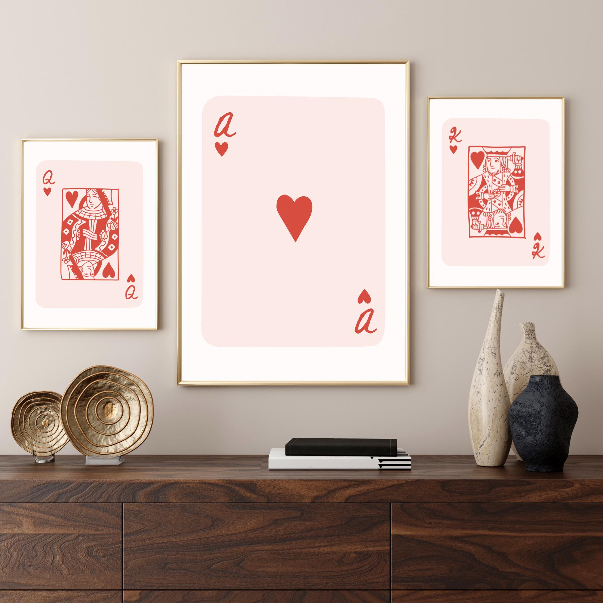 King, Queen Ace of Hearts Playing Cards Wall Art Set of 3 Prints, Digital Preppy Art, Printable Art, Mid Century Trendy Retro Posters Bundle
