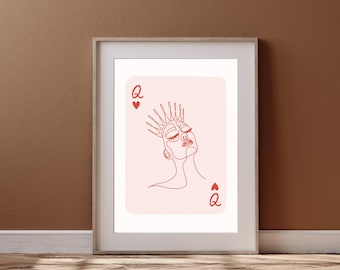 Queen of Hearts Playing Card Poster, Pink Maximalist Wall Art, Preppy Aesthetic Print, Trendy Decor for College Dorms or Stylish Spaces