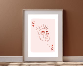 Queen of Hearts Playing Card Poster Wall Art, Pink Maximalist Preppy Aesthetic Print, Trendy Decor for College Dorms or Stylish Spaces