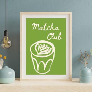 Matcha Kitchen Print, Retro Coffee Poster, Trendy Aesthetic Apartment Decor, Coffee Tea Bar Wall Art, Pink Matcha Mugs Print, Hand Drawn Art